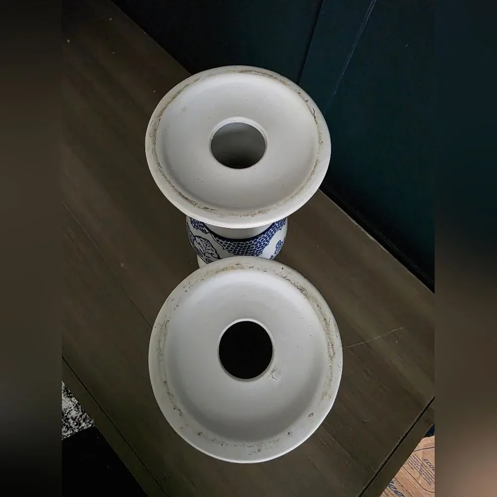 Blue and White Porcelain Pillar Candle Holders Set Of 2 11' and 9.5'